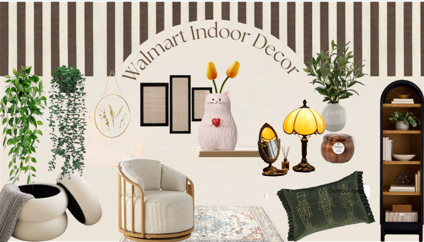 Walmart indoor decor with a lounge chair, table lamp and plants